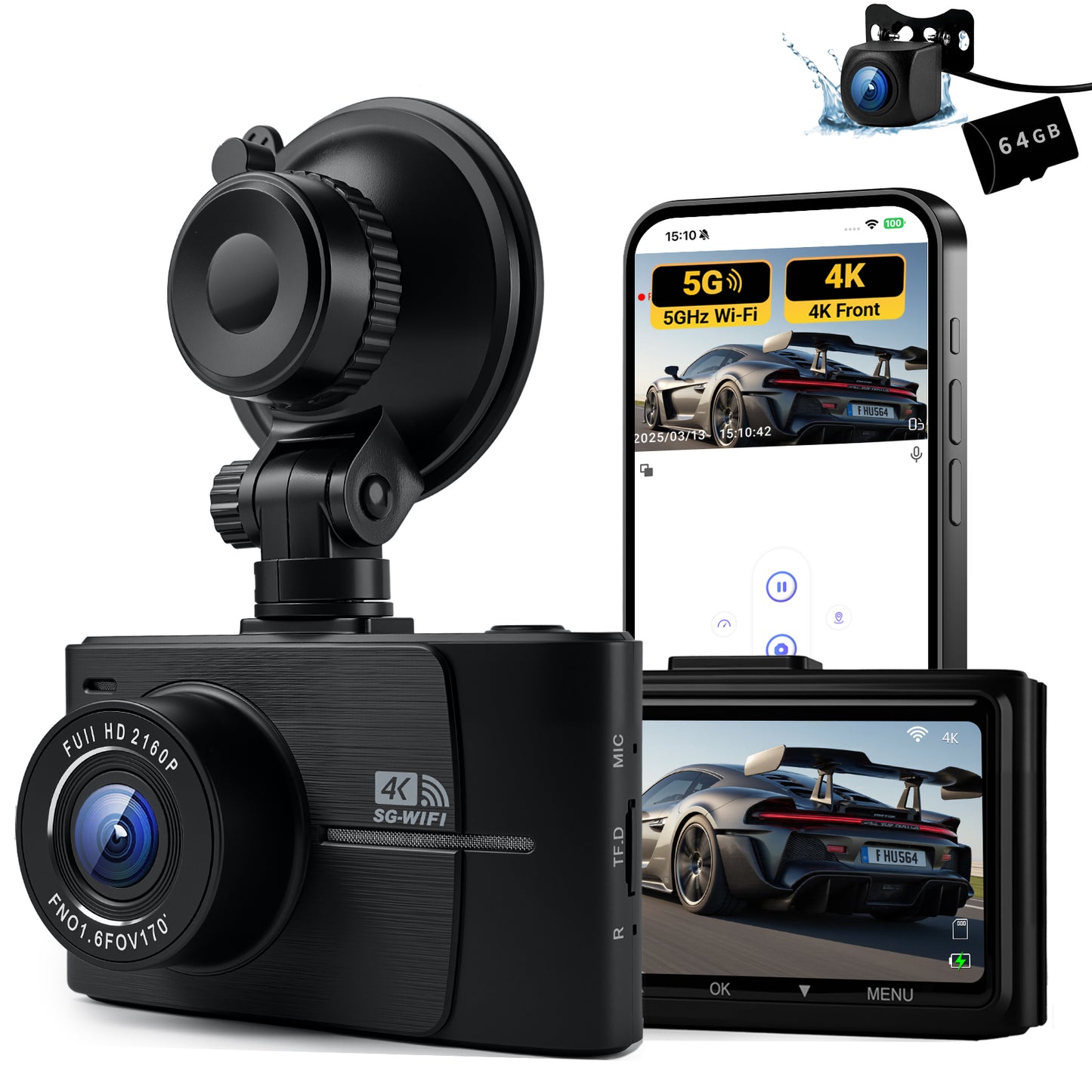 QCONTROL 4K Dash Cam Front and Rear, 4K+1080P Dual Channel Dash Camera for Cars, 5G WiFi Dashcam, Car Dash Cam with 3” IPS Screen, 170° Wide Angle, Night Vision, Parking Mode, G-Sensor, 64GB Card