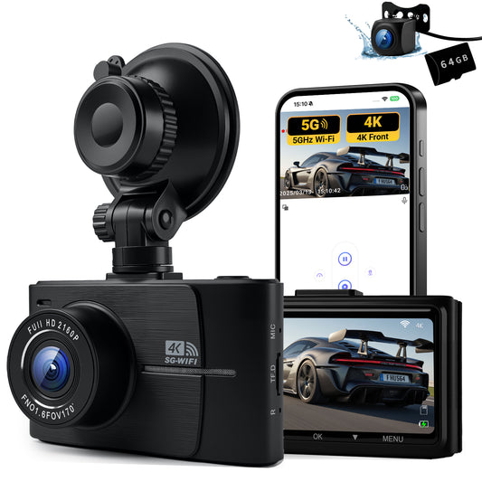 QCONTROL 4K Dash Cam Front and Rear, 4K+1080P Dual Channel Dash Camera for Cars, 5G WiFi Dashcam, Car Dash Cam with 3” IPS Screen, 170° Wide Angle, Night Vision, Parking Mode, G-Sensor, 64GB Card