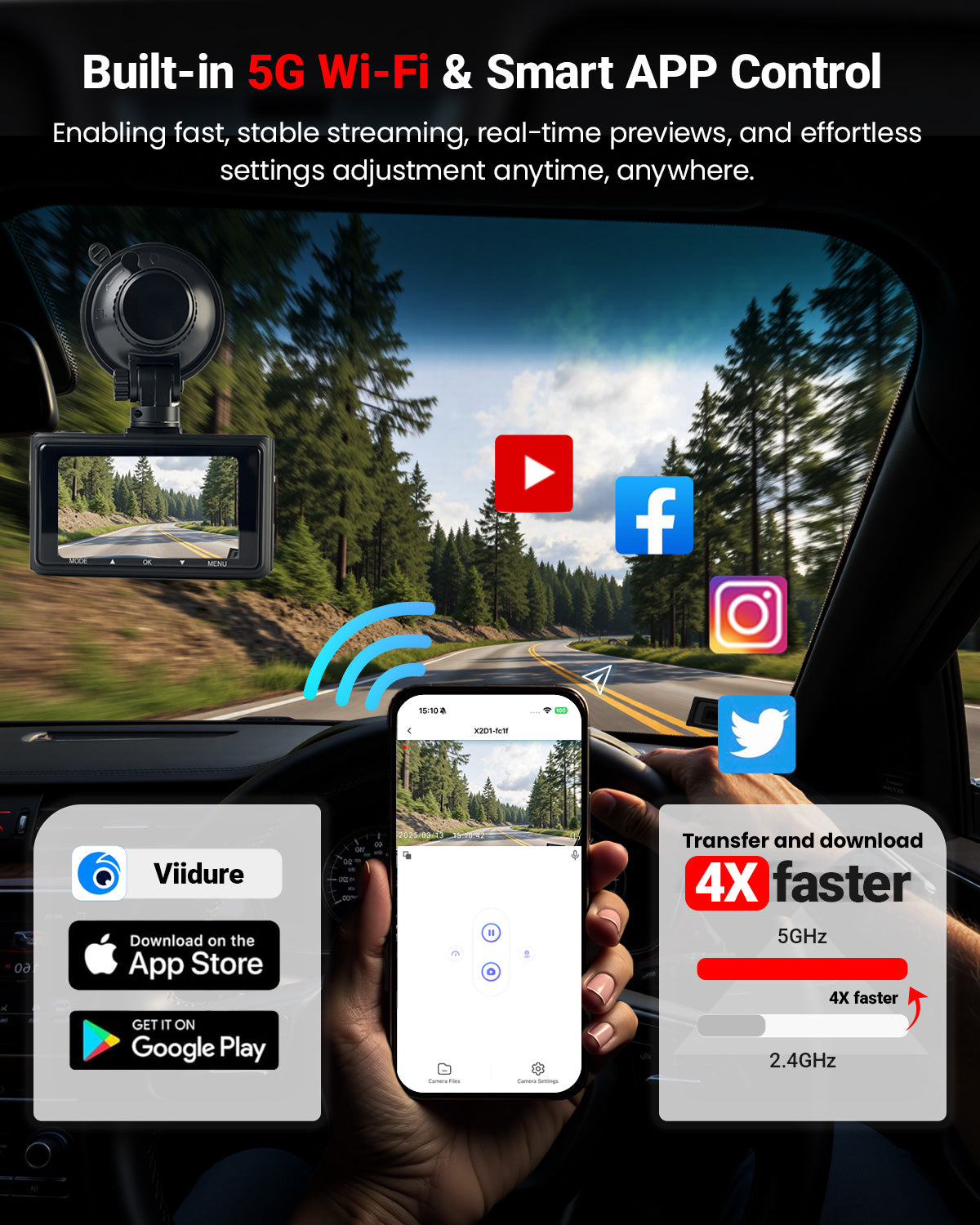 QCONTROL 4K Dash Cam Front and Rear, 4K+1080P Dual Channel Dash Camera for Cars, 5G WiFi Dashcam, Car Dash Cam with 3” IPS Screen, 170° Wide Angle, Night Vision, Parking Mode, G-Sensor, 64GB Card