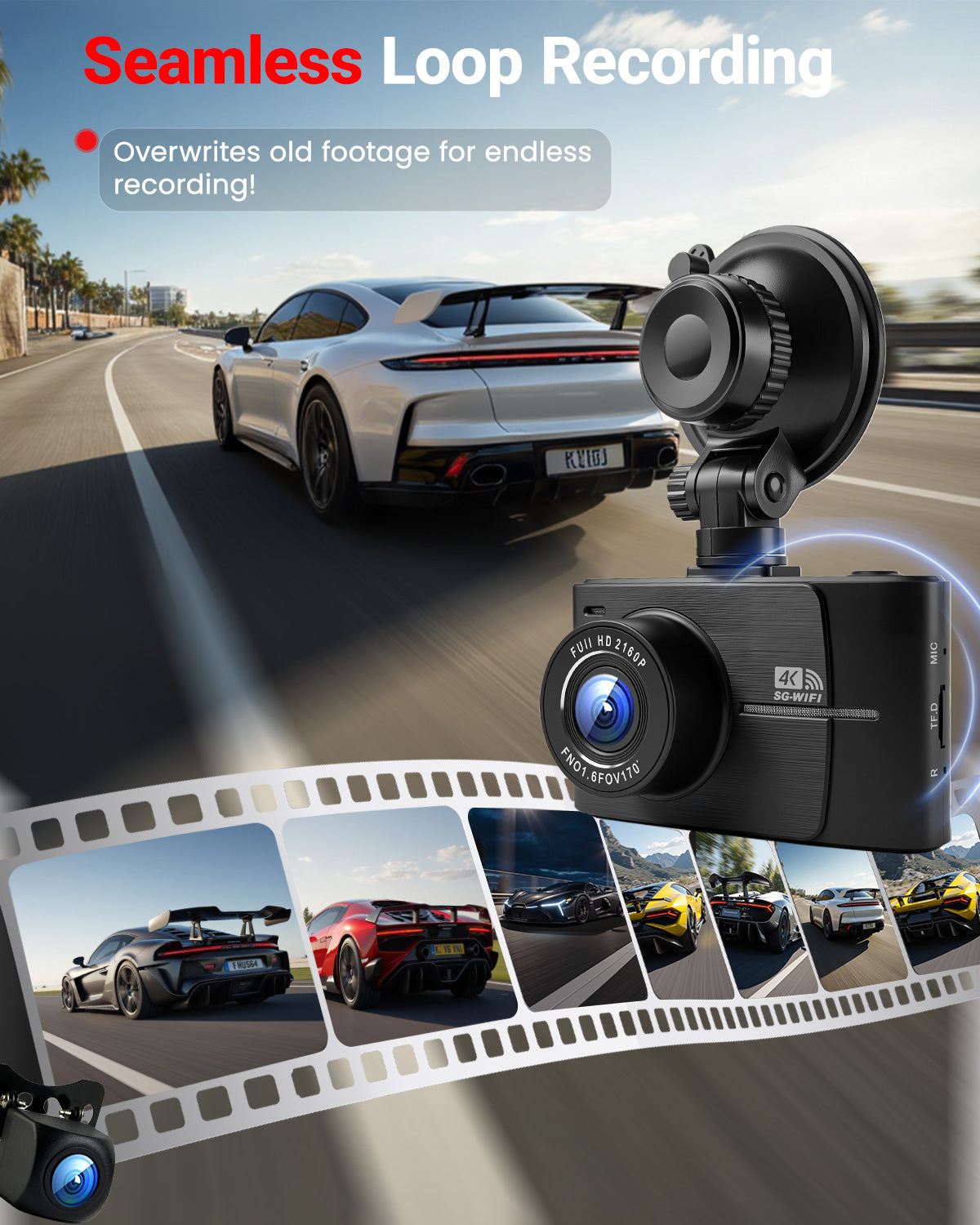 QCONTROL 4K Dash Cam Front and Rear, 4K+1080P Dual Channel Dash Camera for Cars, 5G WiFi Dashcam, Car Dash Cam with 3” IPS Screen, 170° Wide Angle, Night Vision, Parking Mode, G-Sensor, 64GB Card