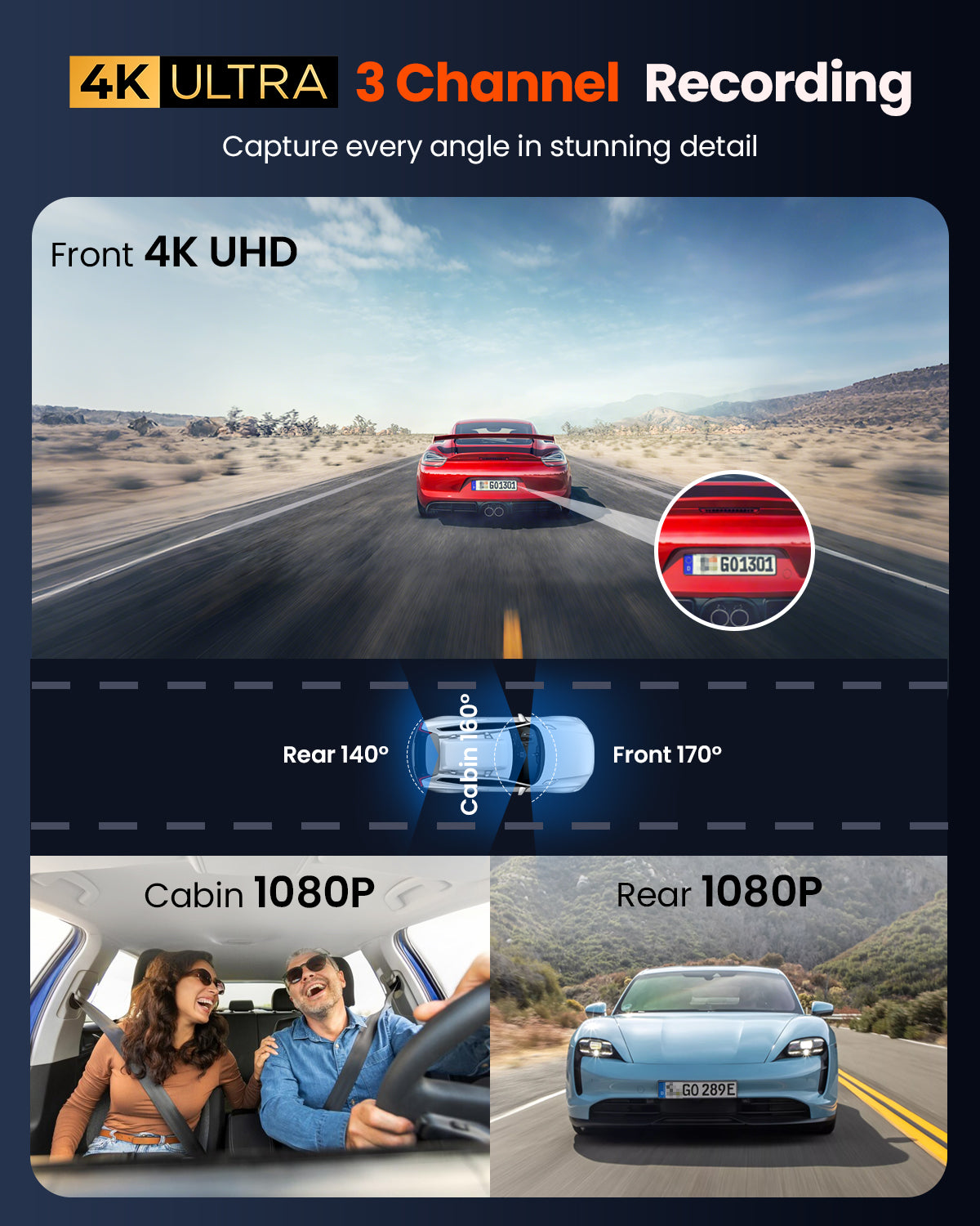 QCONTROL 3 ​​Channel Dash Cam Front and Rear Inside, 4K+1080P+1080P Dash Camera for Cars, 5G WiFi Dashcam with GPS, Car Camera with 3-Inch Screen, IR Night Vision, 24Hr Parking Mode, G-Sensor, 64GB Card