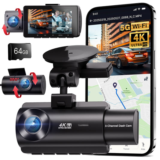 QCONTROL 3 ​​Channel Dash Cam Front and Rear Inside, 4K+1080P+1080P Dash Camera for Cars, 5G WiFi Dashcam with GPS, Car Camera with 3-Inch Screen, IR Night Vision, 24Hr Parking Mode, G-Sensor, 64GB Card